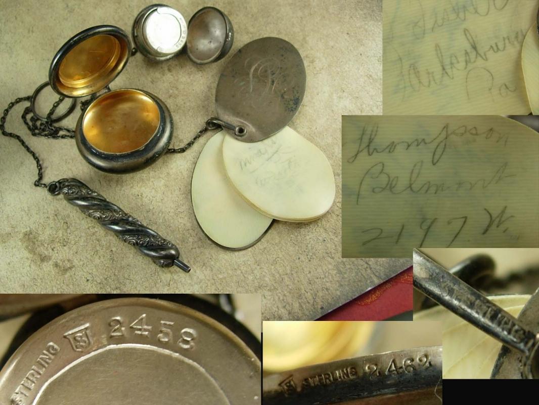Antique sterling Chatelaine / dance card / compact coin holder / mechanical pencil / Fully hallmarked / silver finger ring