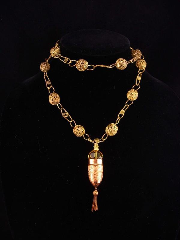 Victorian Necklace / antique fob chain / Thimble holder / Citrine glass / antique tassel / chatelaine necklace / rose gold filled