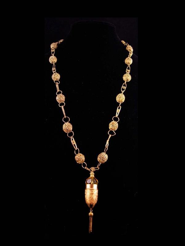 Victorian Necklace / antique fob chain / Thimble holder / Citrine glass / antique tassel / chatelaine necklace / rose gold filled