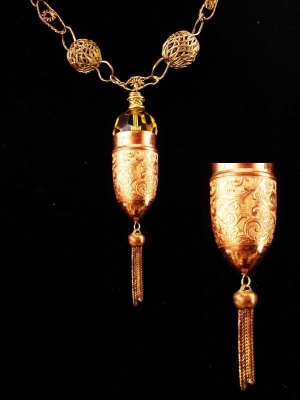 Victorian Necklace / antique fob chain / Thimble holder / Citrine glass / antique tassel / chatelaine necklace / rose gold filled