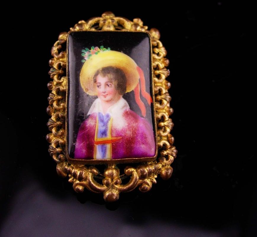 Antique portrait brooch / Vintage Austrian child / handpainted / Victorian jewelry / child with hat and flowers