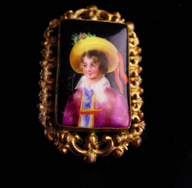 Antique portrait brooch / Vintage Austrian child / handpainted / Victorian jewelry / child with hat and flowers