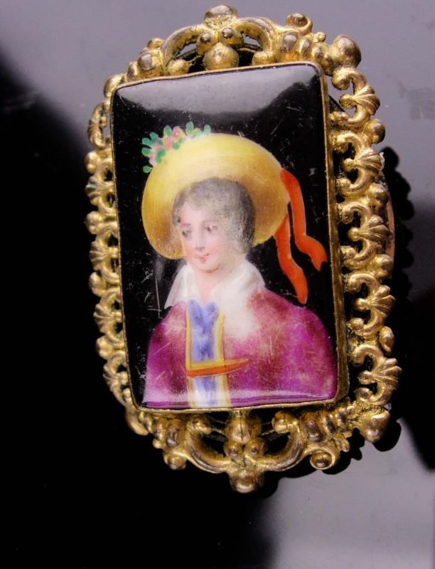 Antique portrait brooch / Vintage Austrian child / handpainted / Victorian jewelry / child with hat and flowers
