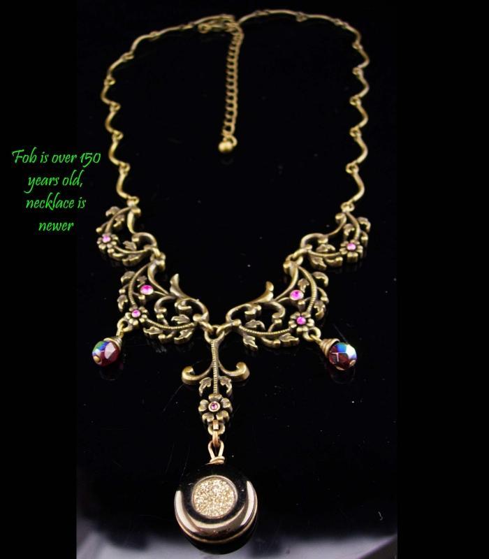 ANTIQUE Fob necklace / Scottish MOURNING Cannel COAL / Rare cannelite pendant / victorian black jewelry with history