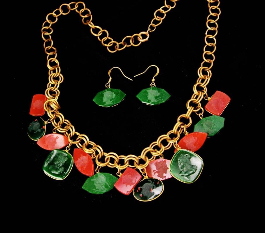 Victorian necklace / bloodstone earrings / Carnelian intaglio cameo / Fob necklace / antique estate jewelry