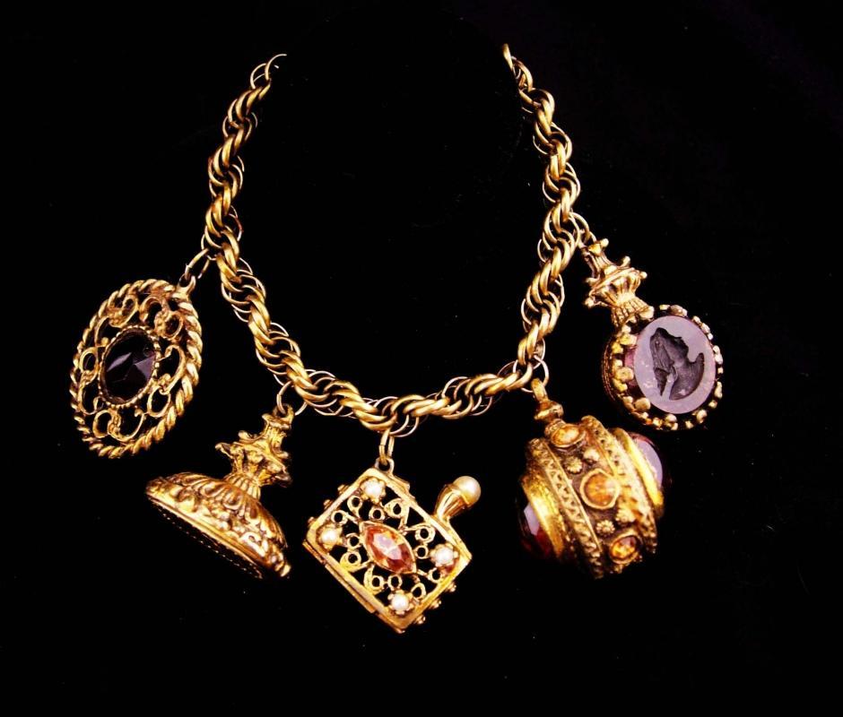 Victorian Fob bracelet / vintage Charm Bracelet / Medieval Fob / rhinestone purse charm / stamp fob / cameo goddess