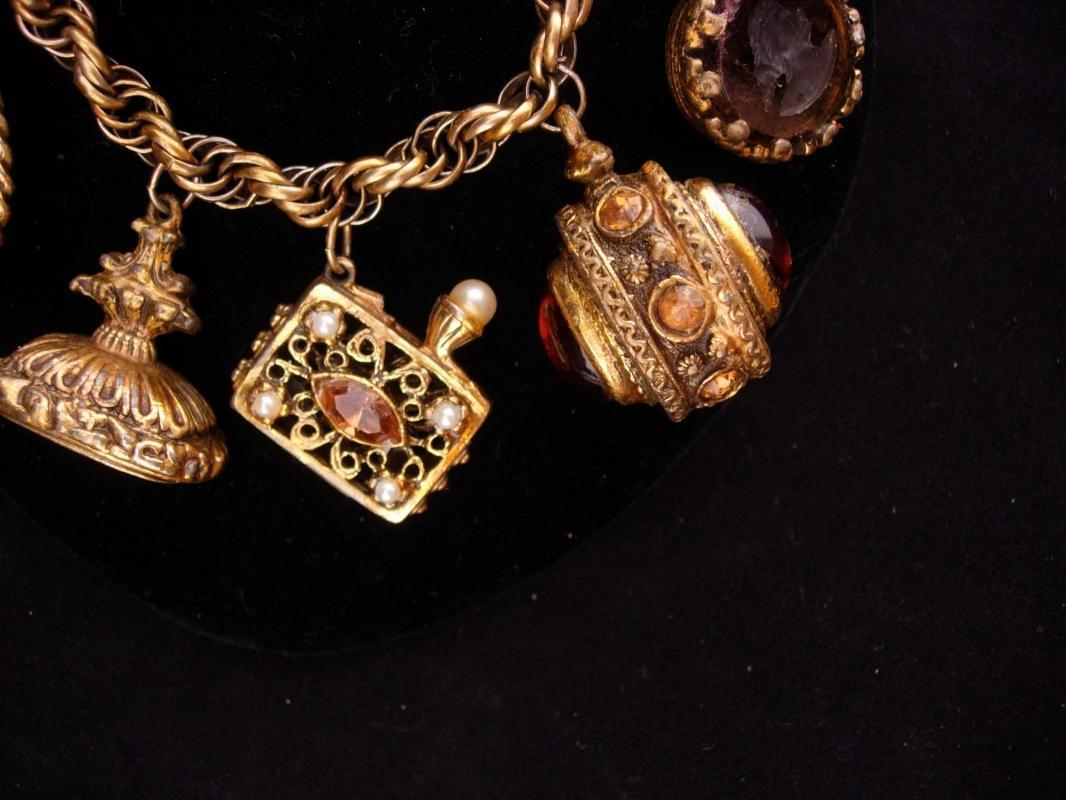 Victorian Fob bracelet / vintage Charm Bracelet / Medieval Fob / rhinestone purse charm / stamp fob / cameo goddess