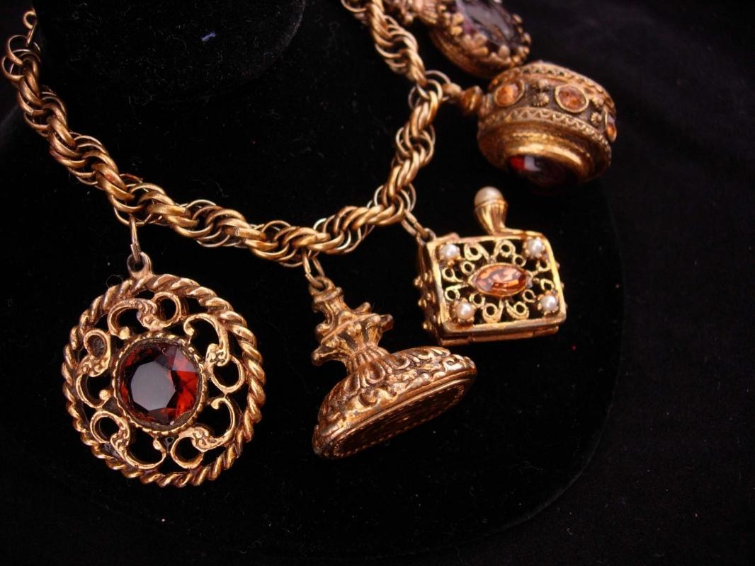 Victorian Fob bracelet / vintage Charm Bracelet / Medieval Fob / rhinestone purse charm / stamp fob / cameo goddess