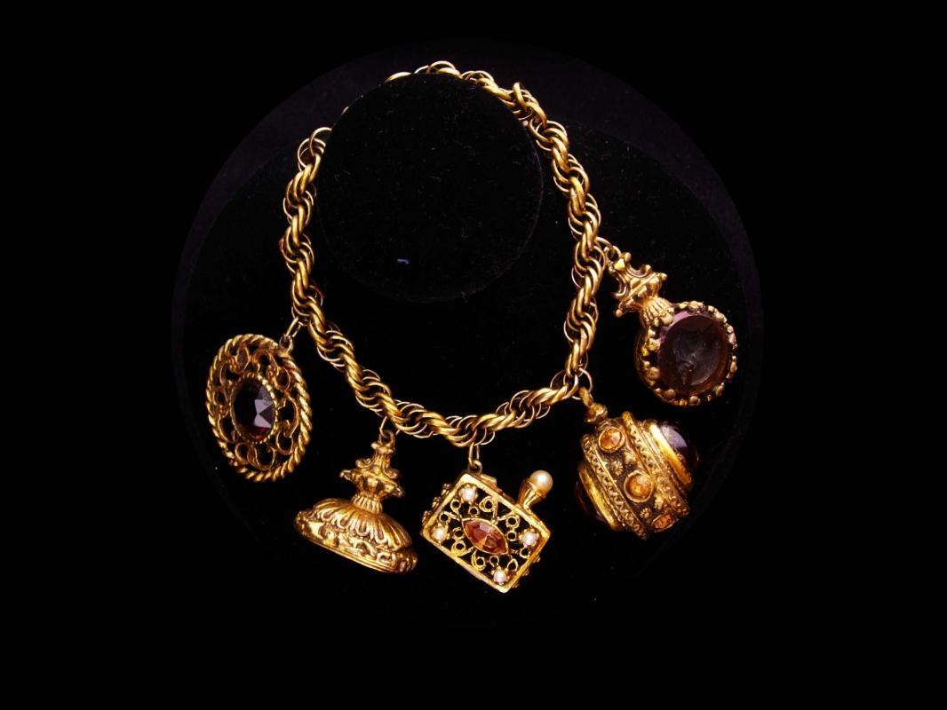 Victorian Fob bracelet / vintage Charm Bracelet / Medieval Fob / rhinestone purse charm / stamp fob / cameo goddess