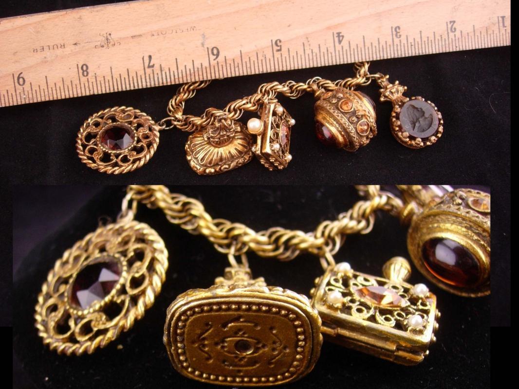Victorian Fob bracelet / vintage Charm Bracelet / Medieval Fob / rhinestone purse charm / stamp fob / cameo goddess