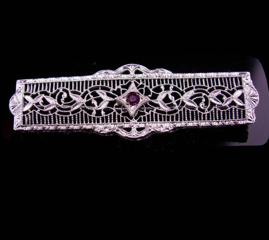 Antique Brooch / Art deco pin / silver filigree brooch / amethyst purple stone / february birthday / aquarius gift / vintage jewelry