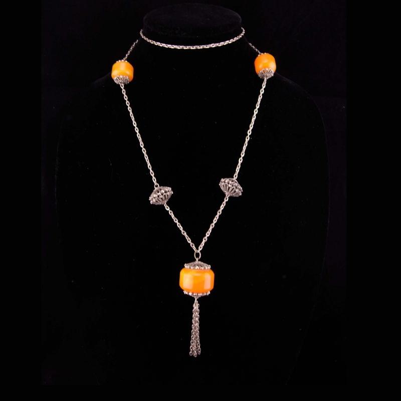 Vintage European necklace / gypsy jewelry / amber necklace with tassels / flapper necklace