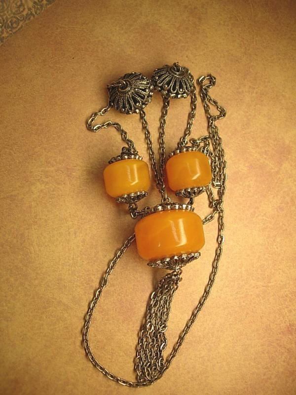 Vintage European necklace / gypsy jewelry / amber necklace with tassels / flapper necklace