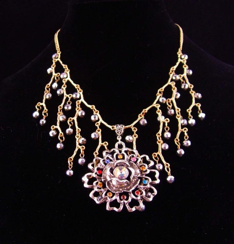 Exotic bib necklace / Rhinestone necklace / medieval theme/ Fit for a Queen / statement jewelry