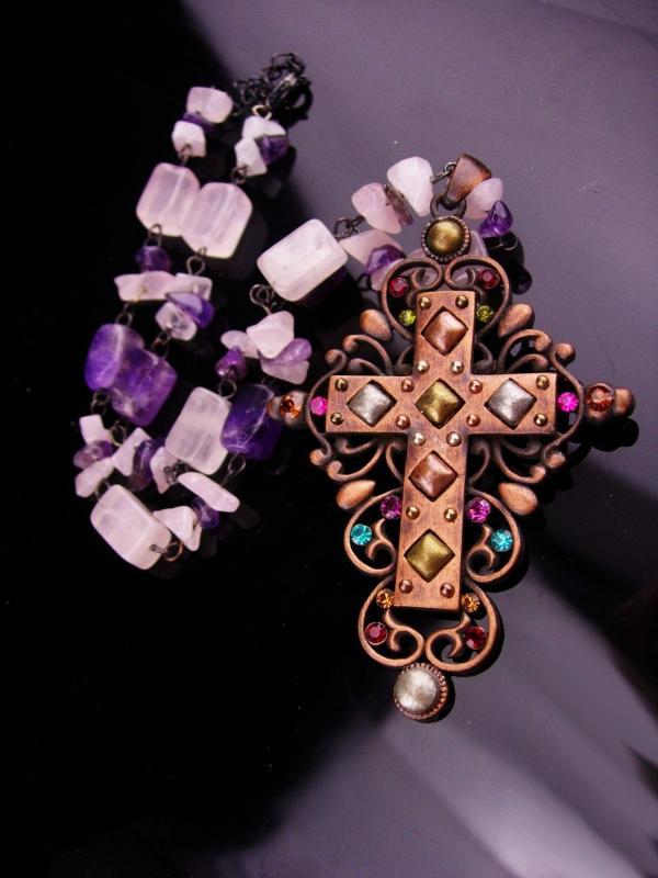 Gothic cross necklace / statement necklace / genuine Amethyst / copper Cross / Fit for a Queen / medieval jewelry