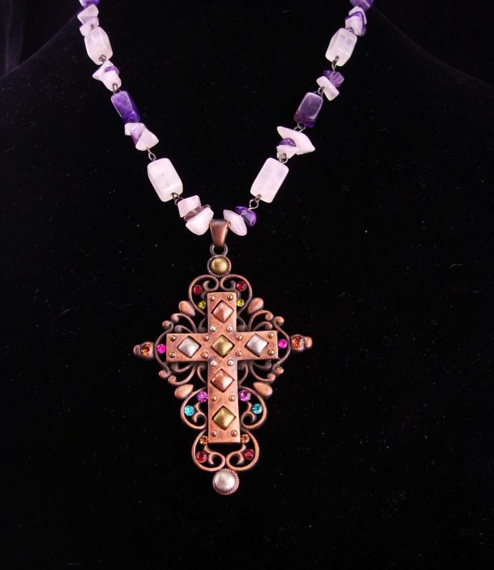 Gothic cross necklace / statement necklace / genuine Amethyst / copper Cross / Fit for a Queen / medieval jewelry