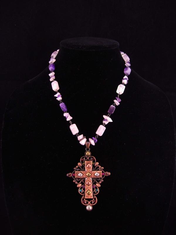 Gothic cross necklace / statement necklace / genuine Amethyst / copper Cross / Fit for a Queen / medieval jewelry