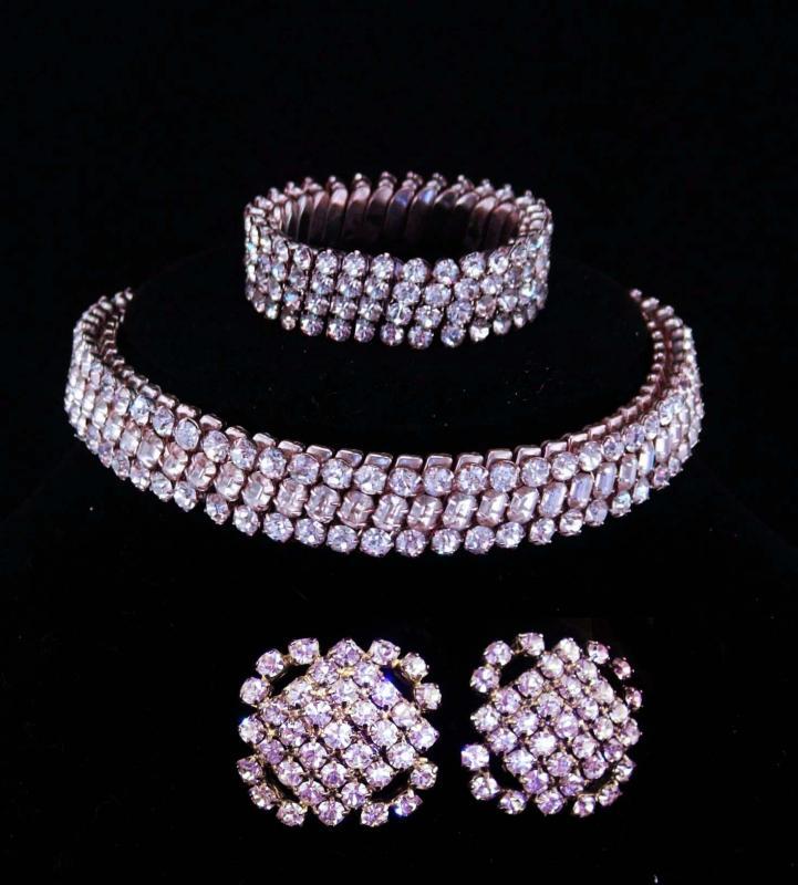 Vintage Rhinestone parure / 1/20th 10kt white gold top / expansion choker and bracelet / dog collar / wedding set / rhinestone earrings