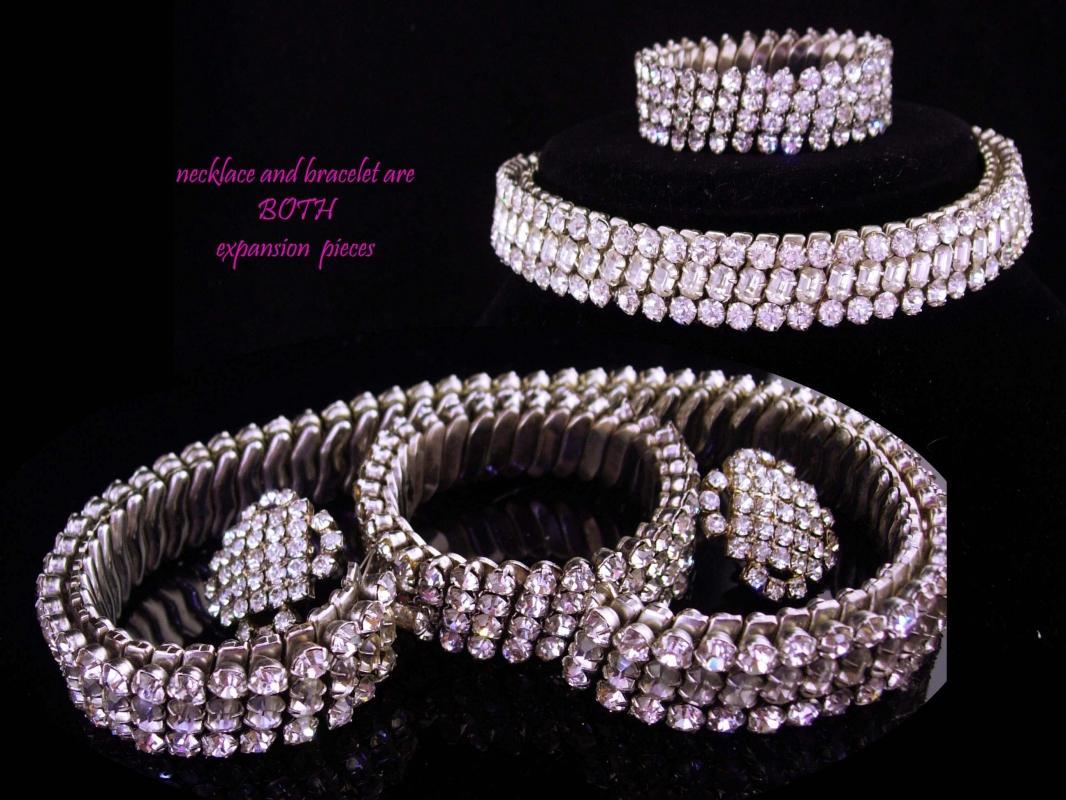 Vintage Rhinestone parure / 1/20th 10kt white gold top / expansion choker and bracelet / dog collar / wedding set / rhinestone earrings