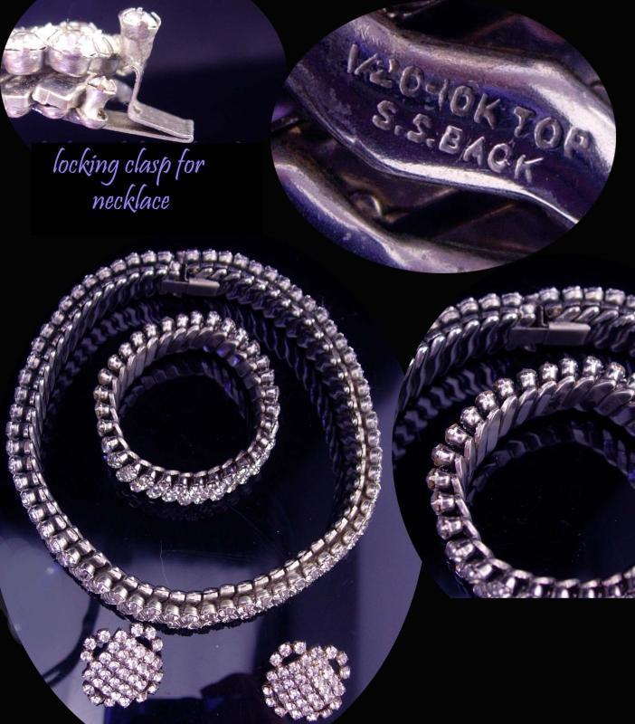 Vintage Rhinestone parure / 1/20th 10kt white gold top / expansion choker and bracelet / dog collar / wedding set / rhinestone earrings