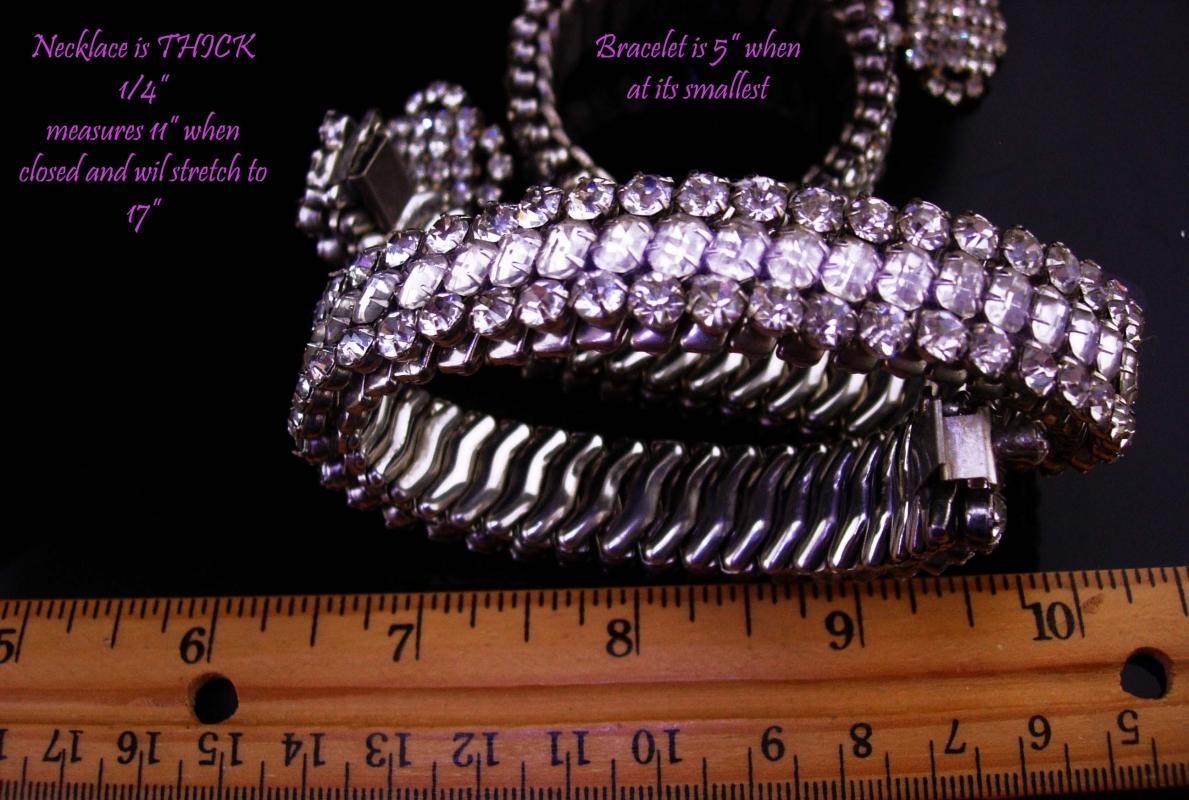 Vintage Rhinestone parure / 1/20th 10kt white gold top / expansion choker and bracelet / dog collar / wedding set / rhinestone earrings