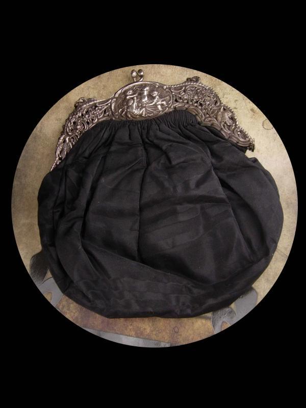 Antique Purse / Hallmarked 800 silver / CHERUB Snake frame / SIGNED Victorian handbag / black silk with mirror