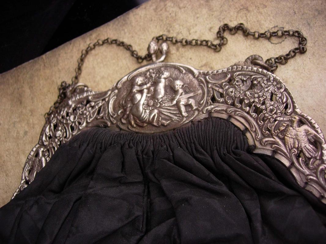 Antique Purse / Hallmarked 800 silver / CHERUB Snake frame / SIGNED Victorian handbag / black silk with mirror