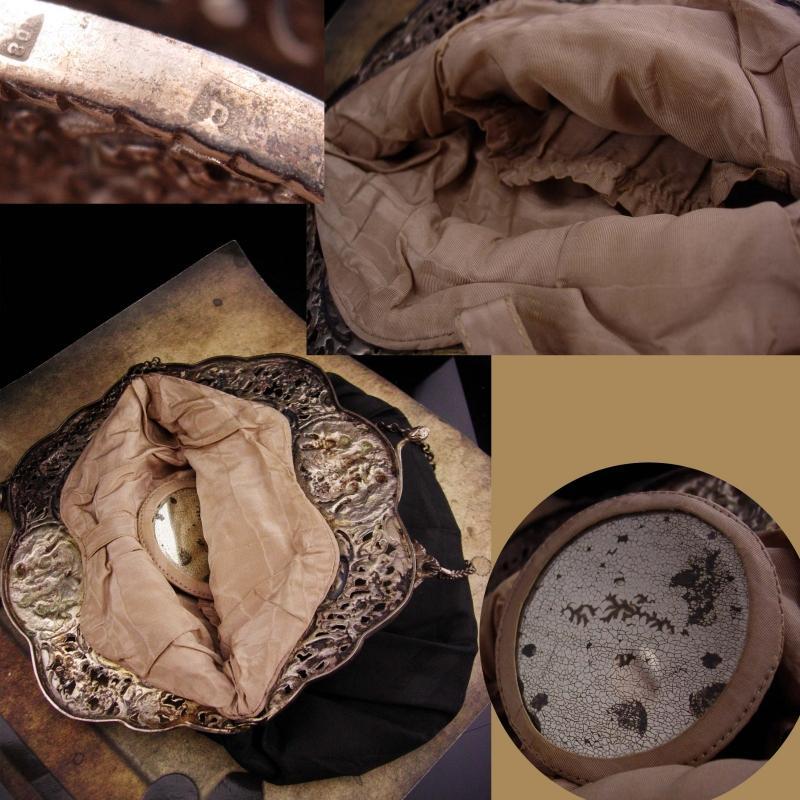 Antique Purse / Hallmarked 800 silver / CHERUB Snake frame / SIGNED Victorian handbag / black silk with mirror