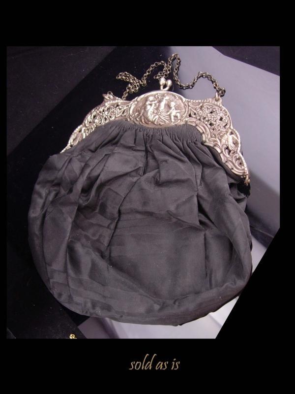 Antique Purse / Hallmarked 800 silver / CHERUB Snake frame / SIGNED Victorian handbag / black silk with mirror
