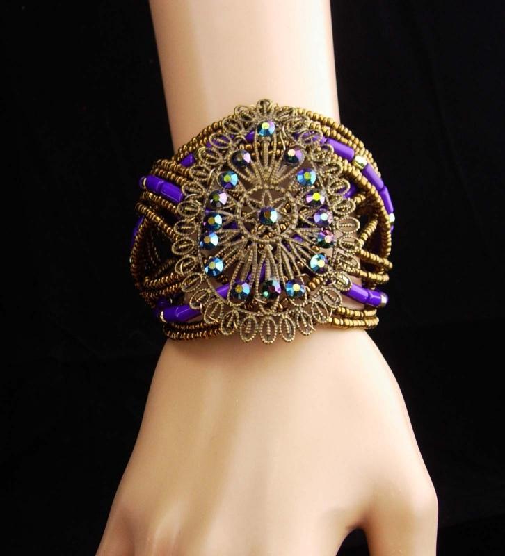 Bohemian bracelet / WIDE Peacock purple blue / irridescent Cuff Bracelet / goddess jewelry / Filigree wrap / statement bracelet