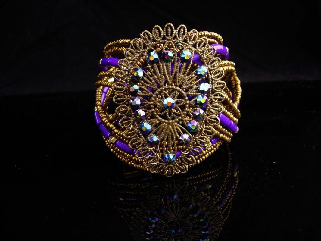 Bohemian bracelet / WIDE Peacock purple blue / irridescent Cuff Bracelet / goddess jewelry / Filigree wrap / statement bracelet