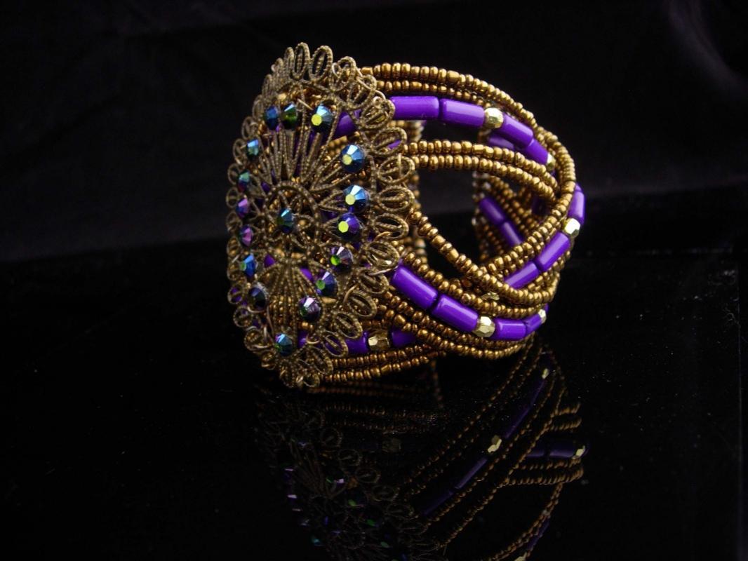 Bohemian bracelet / WIDE Peacock purple blue / irridescent Cuff Bracelet / goddess jewelry / Filigree wrap / statement bracelet