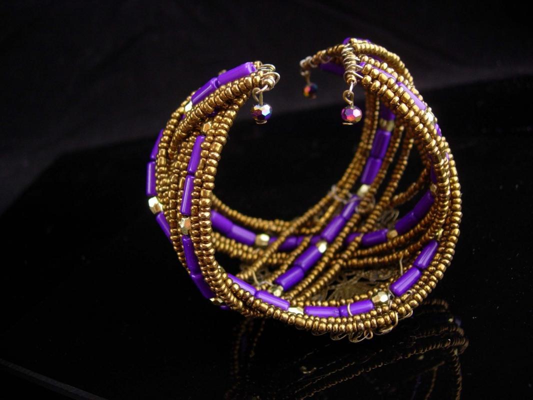 Bohemian bracelet / WIDE Peacock purple blue / irridescent Cuff Bracelet / goddess jewelry / Filigree wrap / statement bracelet