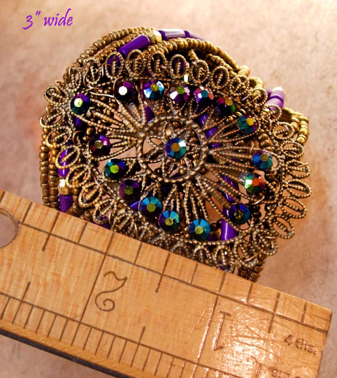 Bohemian bracelet / WIDE Peacock purple blue / irridescent Cuff Bracelet / goddess jewelry / Filigree wrap / statement bracelet