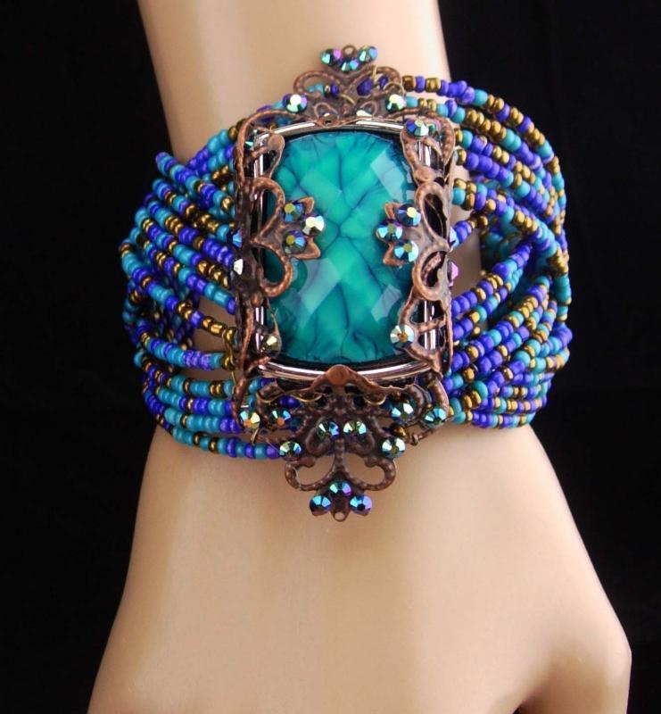 Gypsy bracelet / bohemian cuff / Turquoise beads / WIDE statement bracelet / OOAK cuff bracelet / beaded bohemian rhinestones