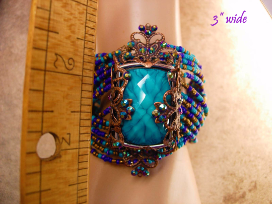 Gypsy bracelet / bohemian cuff / Turquoise beads / WIDE statement bracelet / OOAK cuff bracelet / beaded bohemian rhinestones