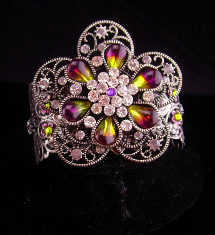 WIDE Rhinestone bracelet / Gypsy Cuff / givre flower / purple olivine teardrops / goddess bracelet / filigree cuff / statement bracelet