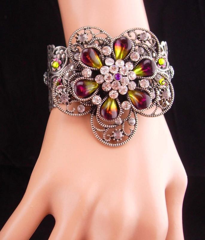 WIDE Rhinestone bracelet / Gypsy Cuff / givre flower / purple olivine teardrops / goddess bracelet / filigree cuff / statement bracelet