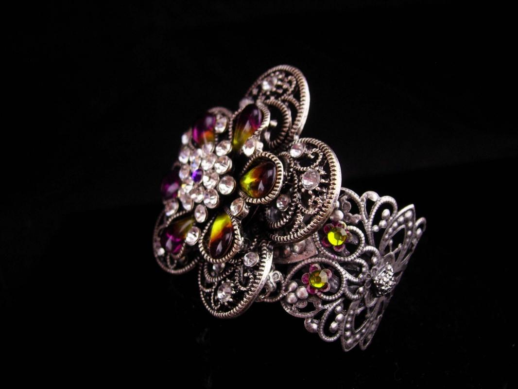 WIDE Rhinestone bracelet / Gypsy Cuff / givre flower / purple olivine teardrops / goddess bracelet / filigree cuff / statement bracelet