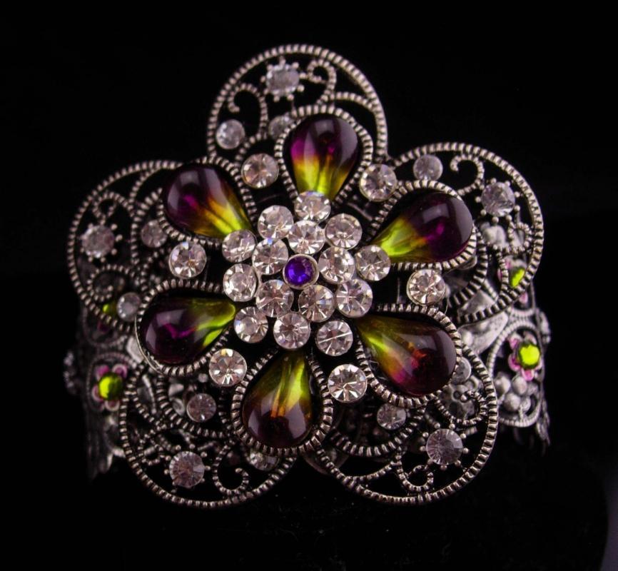 WIDE Rhinestone bracelet / Gypsy Cuff / givre flower / purple olivine teardrops / goddess bracelet / filigree cuff / statement bracelet