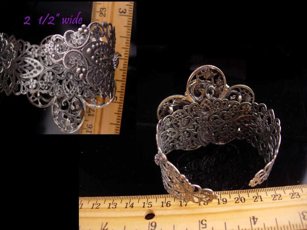 WIDE Rhinestone bracelet / Gypsy Cuff / givre flower / purple olivine teardrops / goddess bracelet / filigree cuff / statement bracelet