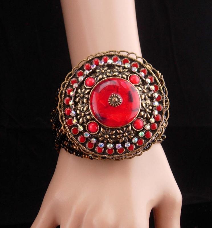 BOLD RED bracelet / HUGE medallion cuff / Red gypsy cuff / statement bracelet / Goddess cuff / bohemian rhinestones