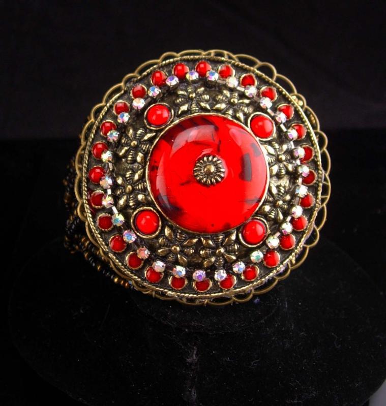 BOLD RED bracelet / HUGE medallion cuff / Red gypsy cuff / statement bracelet / Goddess cuff / bohemian rhinestones
