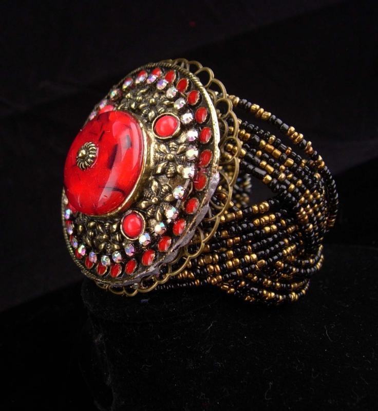 BOLD RED bracelet / HUGE medallion cuff / Red gypsy cuff / statement bracelet / Goddess cuff / bohemian rhinestones