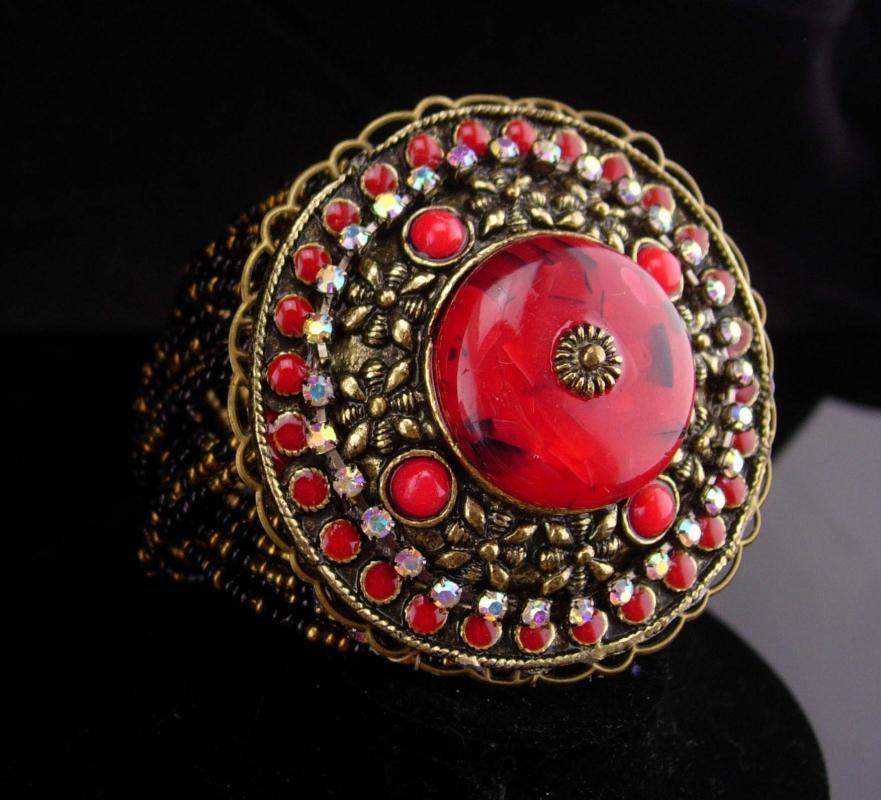 BOLD RED bracelet / HUGE medallion cuff / Red gypsy cuff / statement bracelet / Goddess cuff / bohemian rhinestones