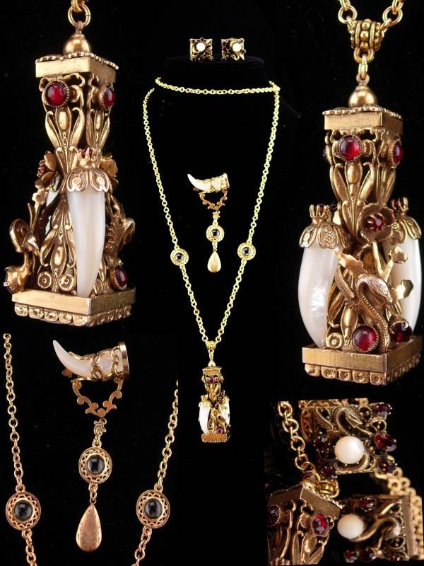 Vintage dragon parure / dragon fob/ mythical brooch / fob necklace / dragon clip on earrings / medieval winged Dragon / mother of pearl
