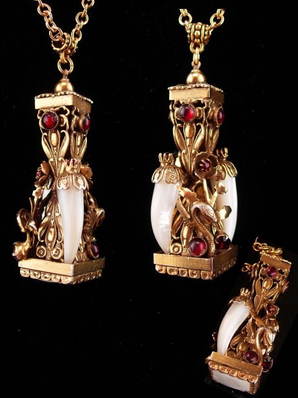 Vintage dragon parure / dragon fob/ mythical brooch / fob necklace / dragon clip on earrings / medieval winged Dragon / mother of pearl