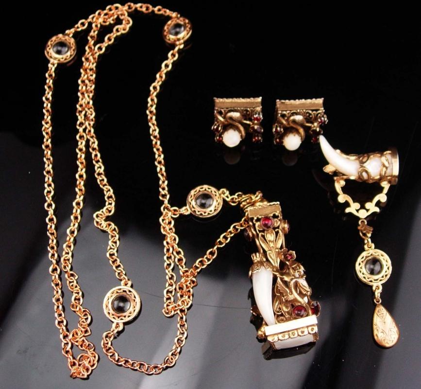 Vintage dragon parure / dragon fob/ mythical brooch / fob necklace / dragon clip on earrings / medieval winged Dragon / mother of pearl