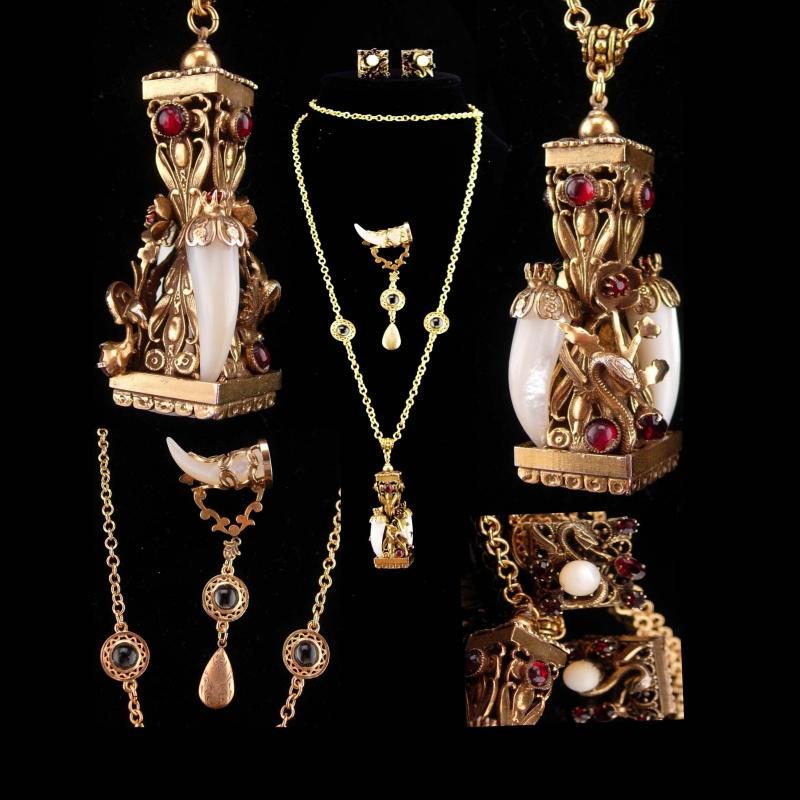 Vintage dragon parure / dragon fob/ mythical brooch / fob necklace / dragon clip on earrings / medieval winged Dragon / mother of pearl