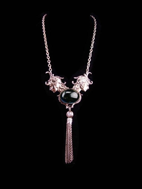 Vintage Athena Necklace / huge statement necklace / goddess jewelry / silver tassel / medieval jewelry / green chrysoprase